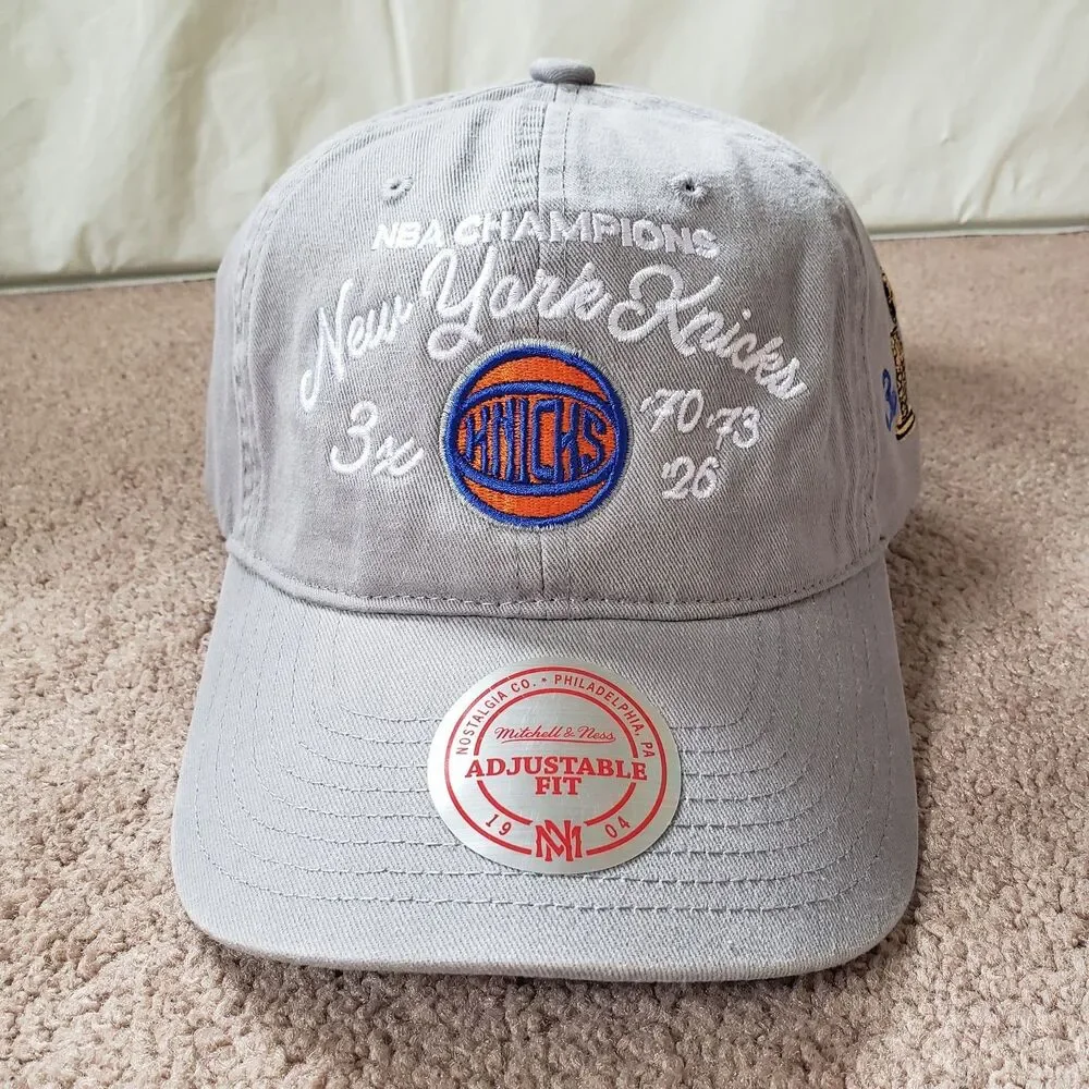 New York Knicks 3X NBA Champions Mitchell & Ness Gray Strapback Hat Cap Grey